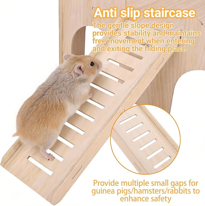 Large Wood Guinea Pig Hideout, 4 Doors Upgraded Guinea Pigs House with Ramp, Easy to Assemble Castle Detachable Small Animal House Bed Hut Habitats for Hamster Hideout/Rabbit/Chinchilla Hideout