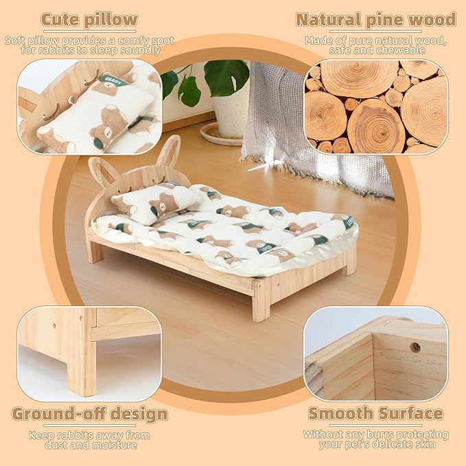 BWOGUE Large Wooden Bunny Bed, 2 in 1 Folding Wooden Pet Bed with Reversible Cushion & Pillow, Easy to Assemble Small Animals Beds for Bunnies Rabbits Guinea Pigs Puppy Kittens Sleeping Habitat