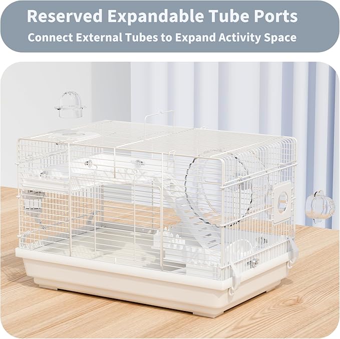Small Hamster Cage Starter Kit 19”Lx12”Wx12”H for Dwarf Hamster & Robo Hamster with Multilevel Platforms, 2 Tube Ports, Exercise Wheel, Ladders, Water Bottle, Food Bowl, White