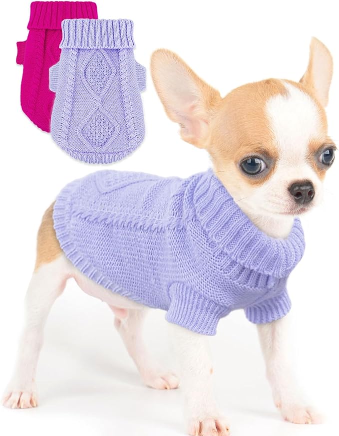 2 Pieces Chihuahua Clothes Small Dog Sweater, Spring Winter Cute Knitwear Turtleneck Thick Warm Clothes for Yorkie Cat Extra Small Dog Clothes (X-Small, Plaid Rose+Purple)