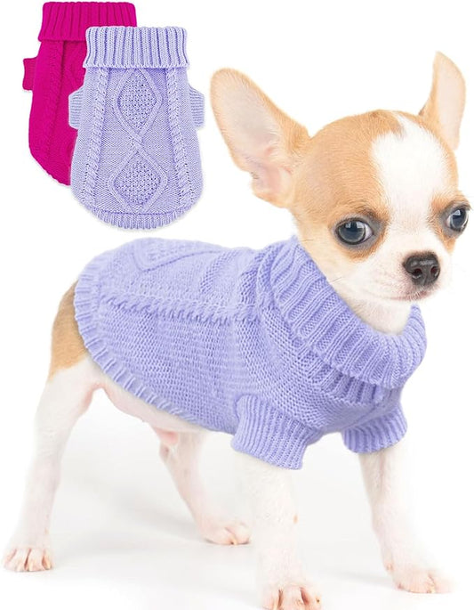 2 Pieces Chihuahua Clothes Small Dog Sweater, Spring Winter Cute Knitwear Turtleneck Thick Warm Clothes for Yorkie Cat Extra Small Dog Clothes (X-Small, Plaid Rose+Purple)