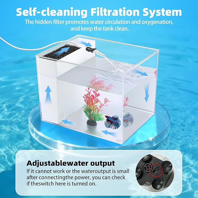 Small Fish Tank Betta 2.5 Gallon Desktop Aquarium Kit with LED Light and Water Pump & Black Filter Sponge & Bio Ball Filter Media Compact Aquarium for Betta Fish, Shrimp(White)