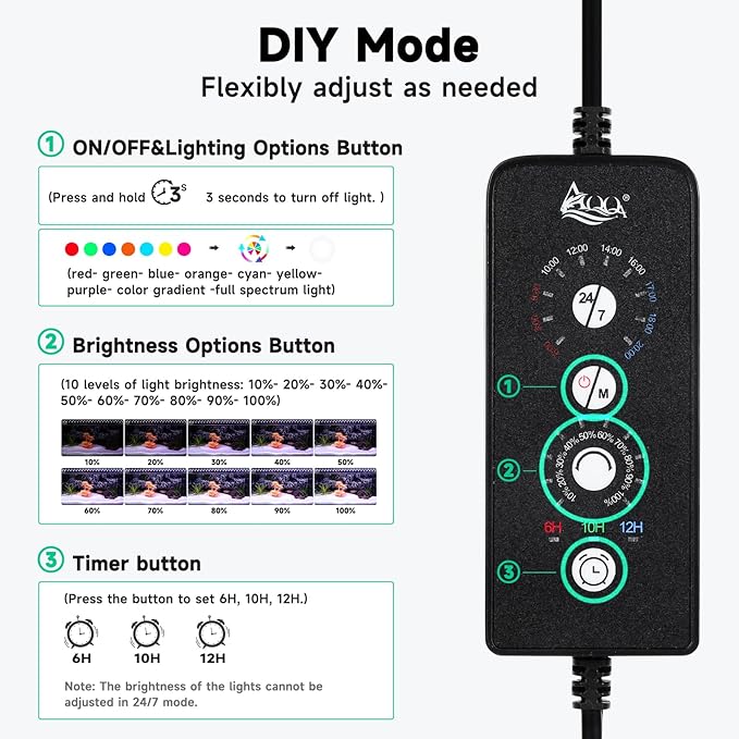 AQQA LED Aquarium Light, 24/7 Mode IP68 Waterproof Extendable Bracket Fish Tank Light, DIY Mode Full Spectrum Aquarium Plant Light, Adjustable Timer/Brightness Memory Function for 32-40 Inch Fish Tank