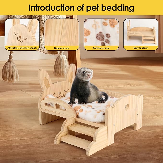 HOSUKKO Wooden Guinea Pig Bed with Mat 13.5IN X 9.3IN Detachable Hideout with Stairs Small Animal Cute Warm Habitats for Hamsters Ferret Bunny Sleeping Hiding
