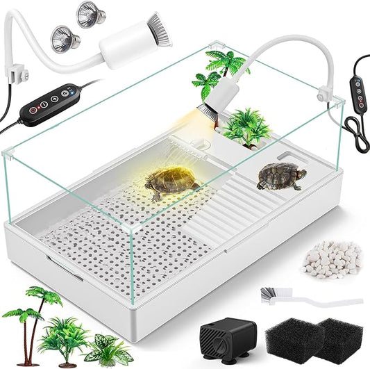 MoonOrange Large Turtle Tank Kit(Tank + Light + Water Pump), Acrylic Turtle Tank Starter Kit with Two Rain Shower Head, Adjustable 5W Water Pump, Higher Fences (Kit-L)