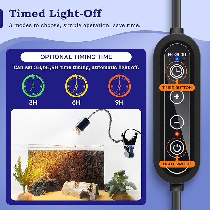 Turtle Timed Heat Lamp with Dual 50W UVB UVA Bulbs for Reptiles, Turtles, Tortoises, and Puppies: Adjustable Heat Switch, 360° Adjustable Angle, Strong Clips