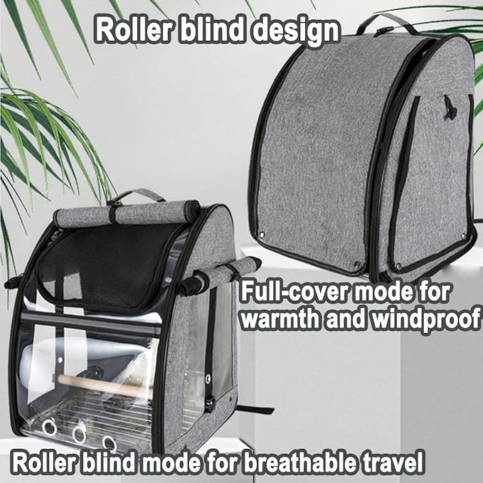 Bird Travel Cage Backpack - Portable Transparent Carrier with Standing Perch, Stainless Steel Mesh and Feeder Cups for Small Birds Like Parrot Parakeet(Grey)