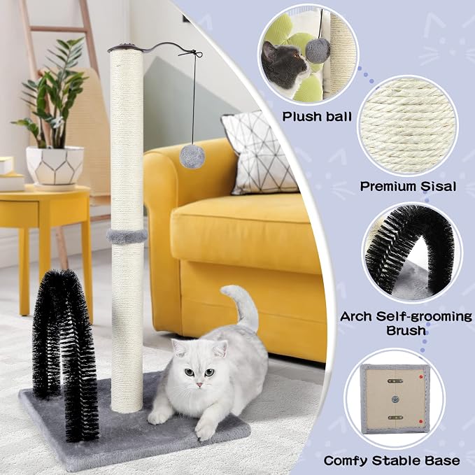 ANWA 32" Tall Cat Scratching Post with Arch Groomer, Natural Sisal, Gray - Image 3
