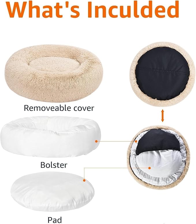 Amazon Basics Washable Donut Pet Bolster Faux Fur Bed with Removable Cover, Anti-Slip Bottom for Dog, Beige, 36" x 36"