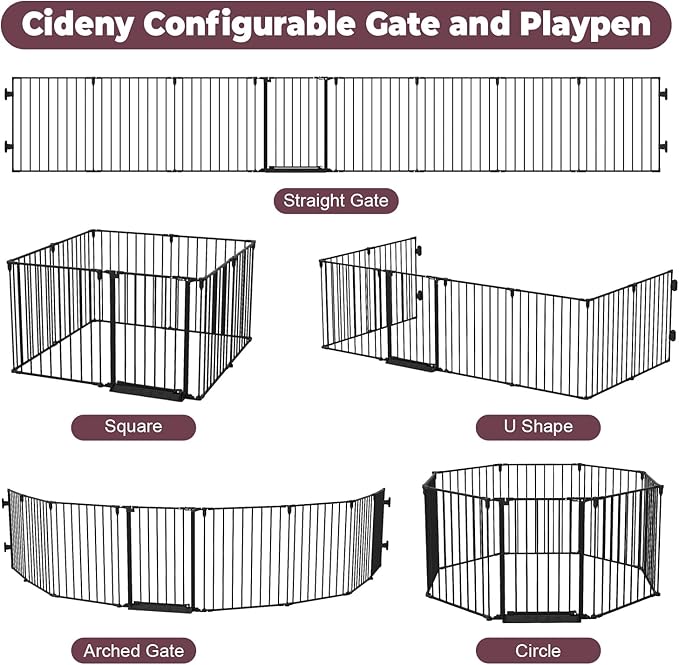 190" Extra Wide Baby Gate Playpen, Adjustable Baby Fence Play Yard, Long Dog Gates Indoor for Stair Doorway Fireplace, Large Child Gate for Toddler Kid Pet, Family Essentials Safty Gate, Black