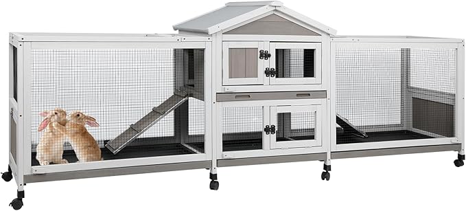 Gowoodhut 2 Story Rabbit Hutch Indoor & Outdoor Wooden Rabbit Cage 93" Bunny Cage with Dual Metal Run,8 Wheels,4 Leak-Proof Trays,Anti Chew Ramp,Small Pet House for 1-3 Rabbits,Guinea Pigs Hamster