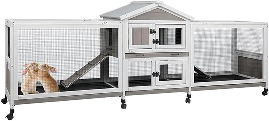 Gowoodhut 2 Story Rabbit Hutch Indoor & Outdoor Wooden Rabbit Cage 93" Bunny Cage with Dual Metal Run,8 Wheels,4 Leak-Proof Trays,Anti Chew Ramp,Small Pet House for 1-3 Rabbits,Guinea Pigs Hamster