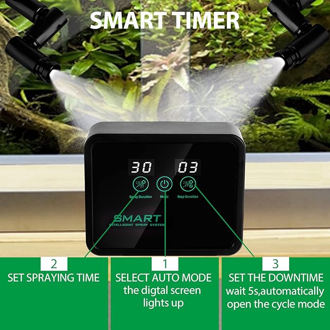 Reptile Humidifier, Intelligent Misting System with Timer, 360 Reptile Fogger for Chameleon, Lizard, Snake, Turtle, Frog, Amphibian, Rainforest Plants