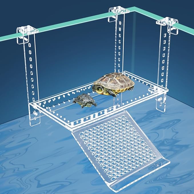 Hanging Turtle Dock Turtle Tank Accessories Adjustable, Large Basking Platform with Freely Installable Climbing Ramps for Aquatic Turtles Sturdy, Wobble-Free Design in Acrylic Material 13''