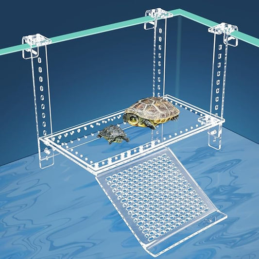 Hanging Turtle Dock Turtle Tank Accessories Adjustable, Large Basking Platform with Freely Installable Climbing Ramps for Aquatic Turtles Sturdy, Wobble-Free Design in Acrylic Material 13''