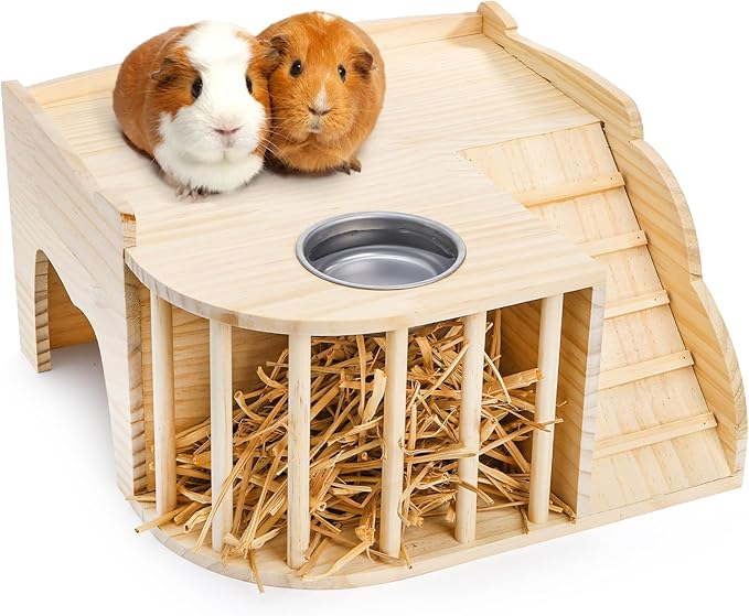 Coloch Wooden Guinea Pig Castle with Hay Feeder, Large Chinchilla Hideout with Feeding Bowl&Ladder Multi-Chamber Guinea Pig House for Guinea Pigs, Chinchillas, Hedgehogs