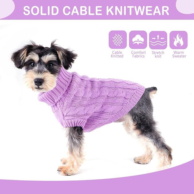 Knitted Dog Sweater Winter Dog Sweaters for Small Dogs Girl Fall Puppy Clothes Turtleneck Design Pet Pullover Knitwear Warm and Soft Doggy Coat Stretchy Cat Sweater Pet Clothes (Purple, Large)