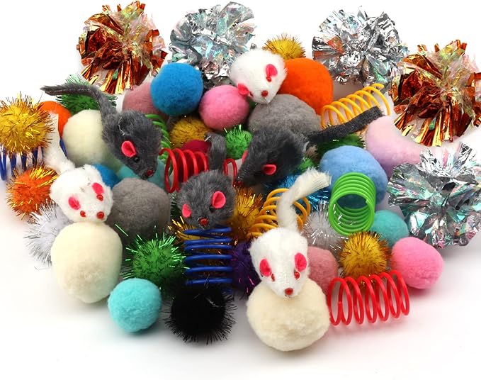60 Pack Cat Toys - Assorted Kitten, Mouse, Crinkle & Pom Pom Balls - Image 8