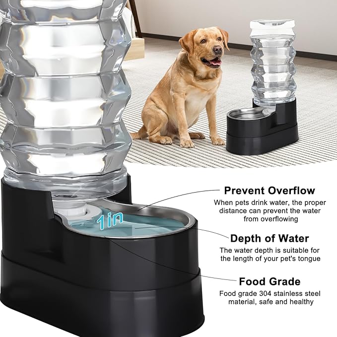 RIZZARI Automatic Dog Water Dispenser: Ion Exchange System with Activated Carbon-Removes Odors-Supports Elderly Dogs’ Spine Health -Spill-Resistant 9L Black Gravity-2 Extra Filters & 2 Bottle Caps
