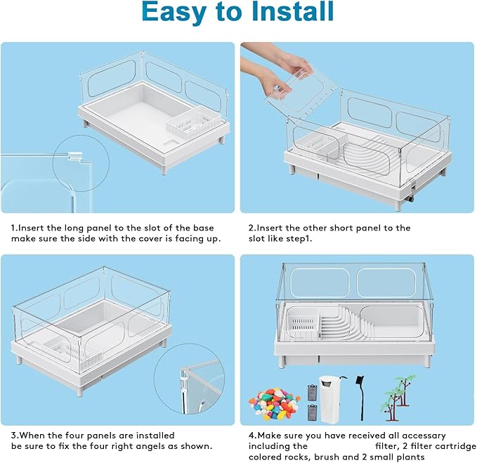 Turtle Tank Kit - Starter Aquarium with Filter, Brush, Easy to Install & Clean, for Turtles, Crabs, Small Reptiles