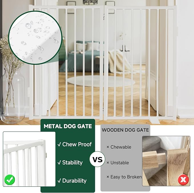 Snagle Paw Full Metal Freestanding Dog Gate,Indoor Dog Gate with Floor Protect Support Feet, 40x24 Inches Foldable Dogs Barrier for Stairs, Hallways and Doorways (24'' H 2 Panel, White