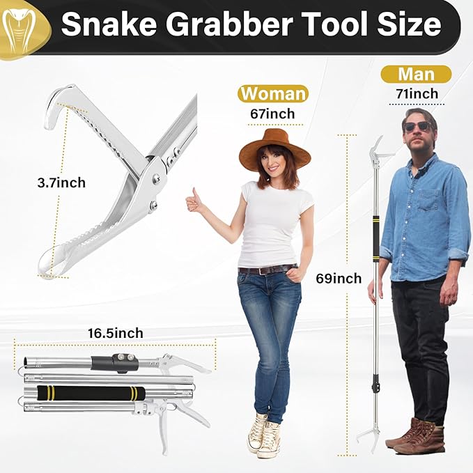 69" Snake Grabber Tool Heavy Duty, Professional Snake Catcher Tongs Rattlesnake Reptile Grabber Extend Long Keep Safe Spacing Stainless Steel Sponge Wrapped Handle Wide Jaw (Black)