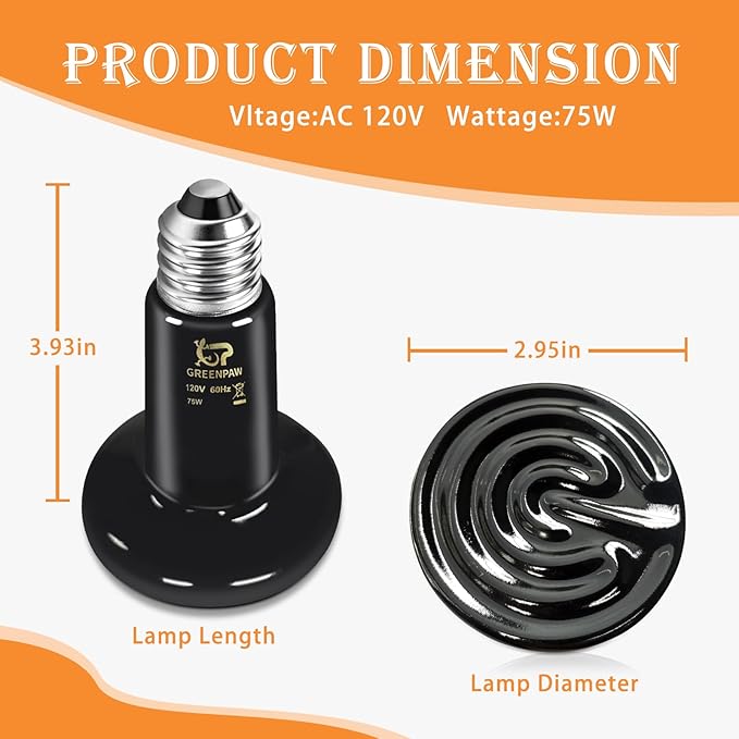 Ceramic Heat Emitter, 75W Reptile Heat Lamp, No Light Emitting Heat Bulb for Lizards Bearded Dragons Snakes Turtles and Chickens, 2 Pack