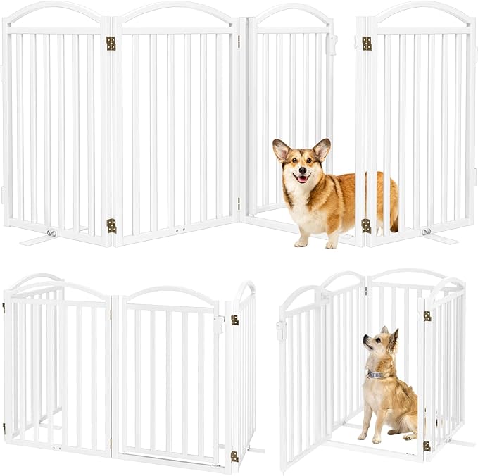 Malier Metal Freestanding Dog Gates with Door, 32'' Height Outdoor Indoor Dog Fences, Extra Wide Foldable Puppy Gate for Stairs (White, 【4 Panels with Door】 80''W × 32''H)