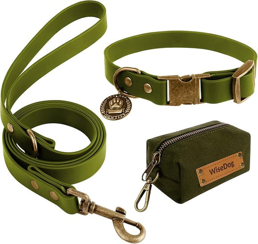 Wisedog Waterproof Dog Collar and Leash Set, Adjustable Puppy Collar with Cute Tag 4FT Dog Leash with Poop Bag for Small Medium Large Dogs (S, Green)