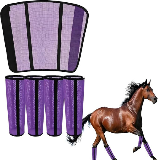 Horse Fly Boots - Breathable Mesh Protection Set of 4, Comfortable Horse Leggings, Equine Supplies for Horses, Reduces Stomping & Leg Fatigue (Purple)