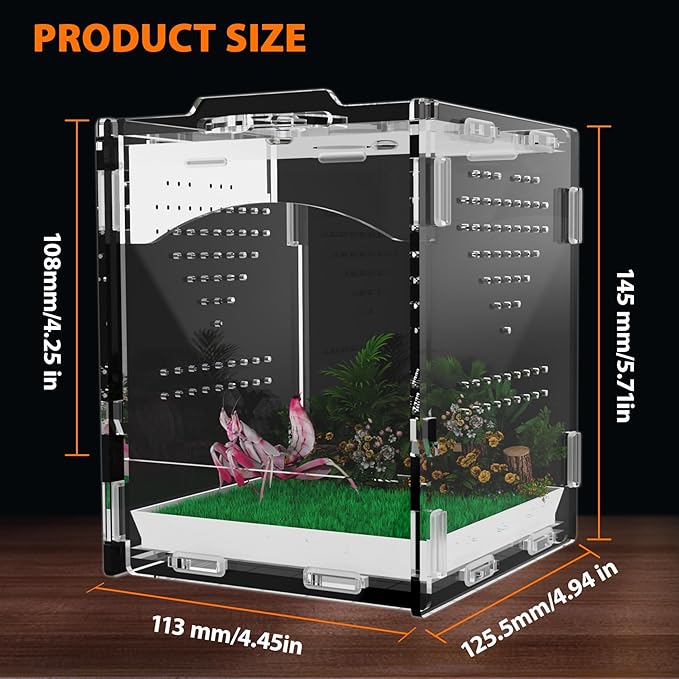 Acrylic Jumping Spider Enclosure, Insect Terrarium, Praying Mantis Habitat, Bug Enclosure, Arboreal Tarantula Enclosure Kit, Reptile Cage, Scorpion Lizard Tank (4.45 * 4.94 * 5.71in)