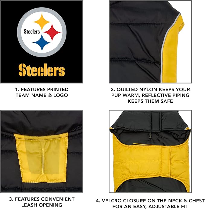 NFL Pittsburgh Steelers Puffer Vest for Dogs & Cats, Size Small. Warm, Cozy, and Waterproof Dog Coat, for Small and Large Dogs/Cats. Best NFL Licensed PET Warming Sports Jacket