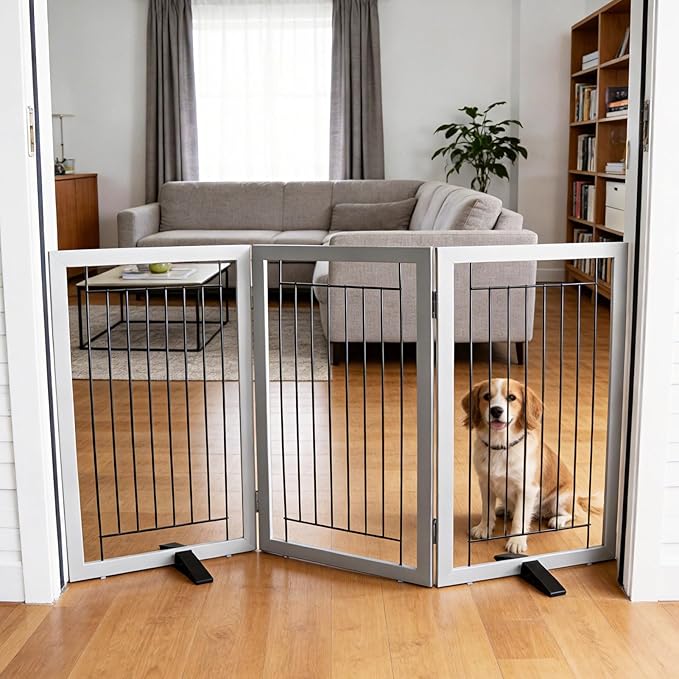 ZJSF Freestanding Dog Gate Indoor, Foldable Dog Fence for Doorways,Hallways or Stairs, Sturdy Wood Extra Wide Pet Gate with Support Feet,Grey,32 "Height-3 Panels