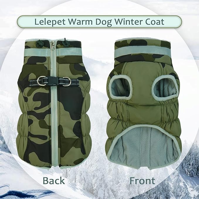 Lelepet Dog Coat Warm Dog Winter Coat Waterproof Dogs Jacket with Harness Built in Reflective Pet Fleece Vest Zip-Up Cold Weather Coats for Medium Dogs Turtleneck & Windproof Dachshund Green Camo M