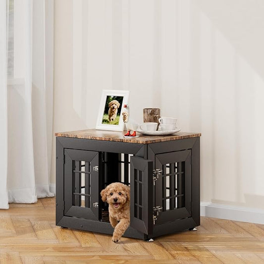 Snuowu 26" Heavy Duty Dog Crate Furniture for Small,Medium and Large Dogs,Rustic Wooden Dog Cage Kennel Indoor Furniture with Waterproof Top,Decorative Pet House Side End Table (Black & Wood)