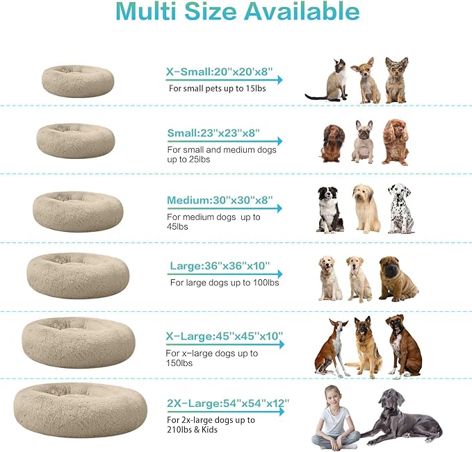SAVFOX 20 inches Calming Donut Dog Bed - 3X Durable Plush Faux Fur, Machine Washable & Non-Slip, Fits up to 15 lbs, Beige