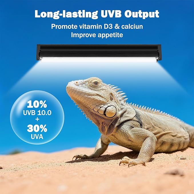 T5 10.0 UVB Reptile Light Fixture, 24W 22" T5 UVA/UVB Fluorescent Tube Bulb for Bearded Dragon, Tortoise, Leopard Gecko, Desert Lizards