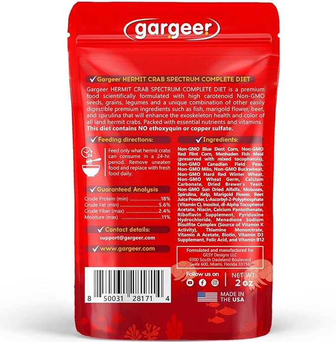 Gargeer 2oz Hermit Crab Spectrum Complete Diet. Easily Digested, Non-GMO Premium Ingredients Only. Strengthen, Beautify Crab’s Exoskeleton & Support All Nutritional and Immune System Needs