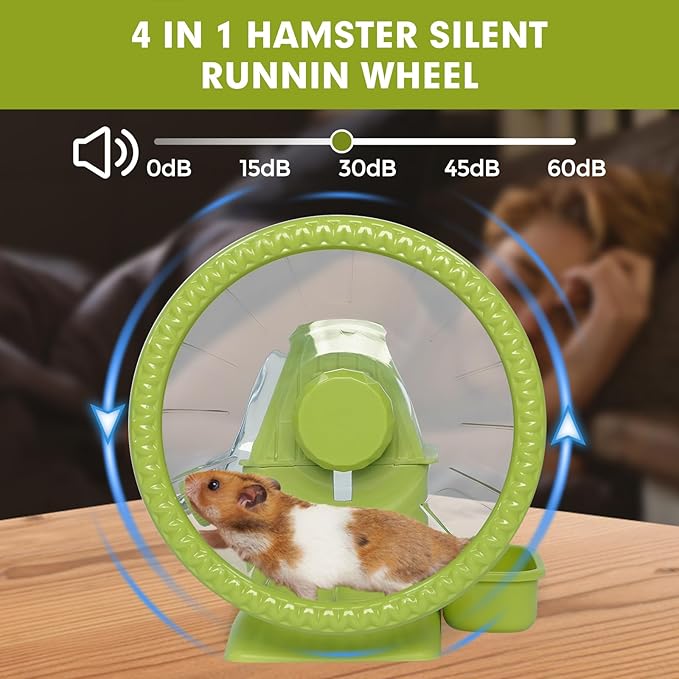 Hamster Toys 4 in 1 Multifunctional Super-Silent Exercise Toys Spinner Wheels with Water Bottle Food Container and Hideout Base Large Spinning Running Wheel for Rat Gerbils Mice (L,Green)