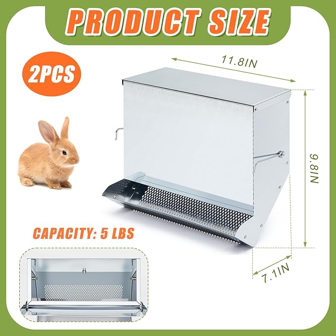 Maxcheck 2 Pcs Rabbit Feeder for Cages Small Animal Food Pellet Dispenser with Lid Metal Chicken Grit Oyster Shell Squirrel Feeders Outside(11.8 Inches,Mesh Bottom,Silver)