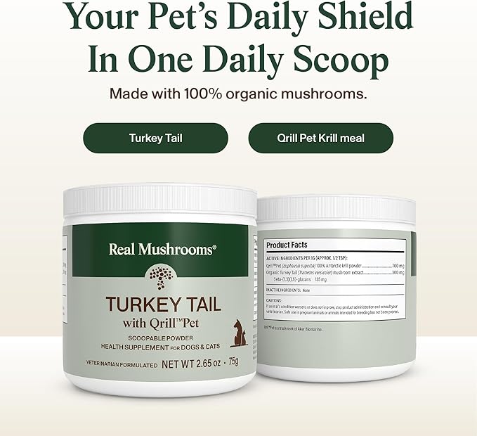 Real Mushrooms Turkey Tail with Qrill Pet - Turkey Tail Mushroom for Dogs with Krill Meal for Dogs and Cats - Beta-Glucan Rich Mushroom Extracts Immune & Gut Support for Puppies and Kittens, 75g