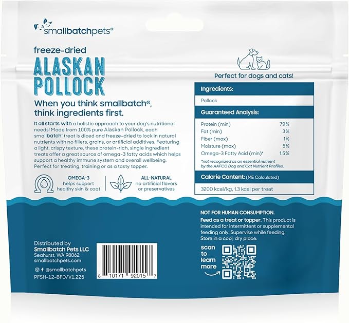 smallbatch Pets Freeze Dried Cat & Dog Treats, 1.25oz - Alaskan Pollock, Organic High Protein Treats, Omega 3 Fatty Acids, Gluten Free, Grain Free, Made in the USA, Ethically Sourced, Single Protein