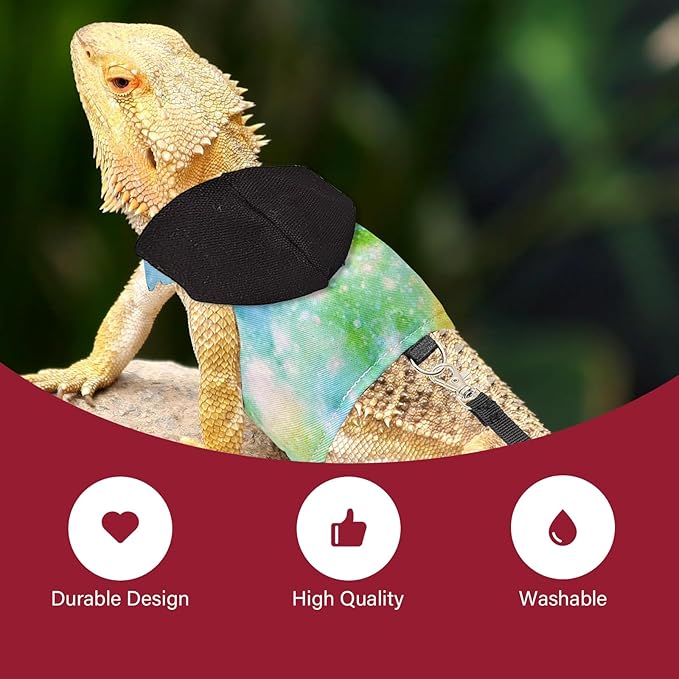 Bearded Dragon Lizard Hoodie Leash Suit Reptile pet Outdoor Chest Harness Chameleon Squirrel Leash Hooded Clothes Suitable for Bearded Dragon Lizard Reptiles（Black hat）