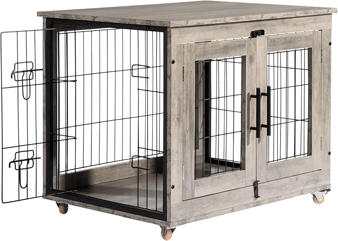 VINGLI Dog Crate Furniture, 32'' Wooden Dog Kennel with Wheels, Double Doors Indoor Dog Cage End Table, Grey (Medium-32 inch)