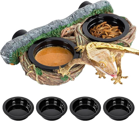 REPTI ZOO Magnetic Reptile Feeding Ledge, Gecko Feeder Ledge with 4PCS Cups, Hollow Vine Food Dish, Reptile Water Bowl for Bearded Dragon Lizard Snake Turtle, Terrarium Tank Accessories