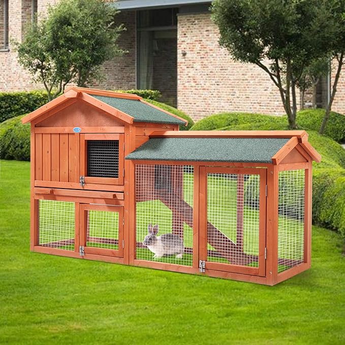 Sandinrayli 2-Tier Outdoor Wooden Rabbit Chicken Pet Hutch House with Run, Elevated Retreat, Ramp, Door (Orange)