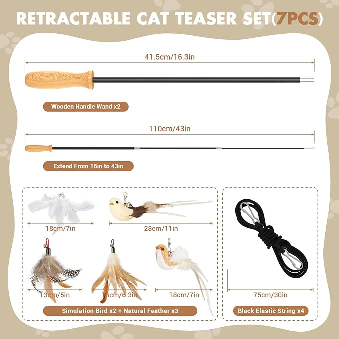 ROSAUI Cat Teaser Wand Toys, Interactive Bird Toys for Indoor Kittens, 42.15?€??€? Long Cat Fishing Pole Toys, 2Pcs Wires and 5Pcs Natural Refills, Sustainable Wooden Handles, Exercising, Playing - Image 2