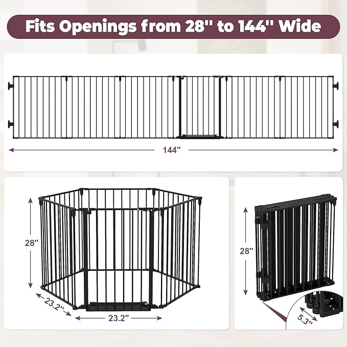 144" Extra Wide Baby Gate with Door, Configurable 6 Panels Baby Fence, Fireplace Gate with Anti-Trip Pedal, Family Essentials Safety Gate for Child Dogs Pets, 28'' Tall Black
