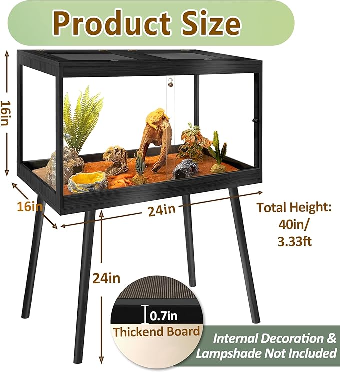 PROLEE Reptile Enclosure with Leg, 30 Gallons Bearded Dragon Tank, Tempered Glass Lizard Tank with Metal Mesh Tops and Lockable Door, Spacious Reptile Habitat for Snake,Lizard (Black)