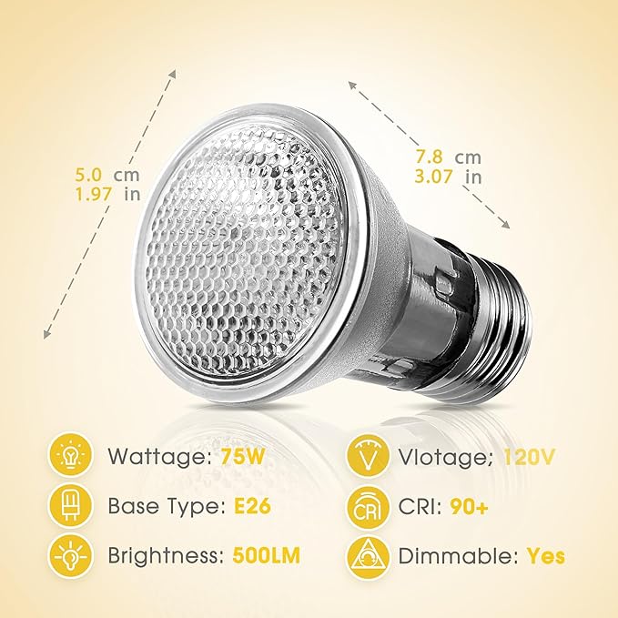 Briignite Reptile Heat Bulb 2 Pack, 75W UVA Reptile Light Bulbs, Dimmable Heat Lamp Bulbs Basking Spot Light Bulb for Reptiles, Amphibian, Bearded Dragon, Lizard, Chicken